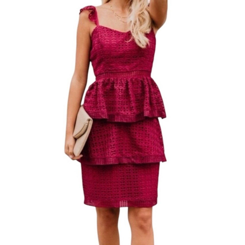 Vici Just Me Medium Red Caterina Guipure Lace Ruffle Tiered Peplum Dress